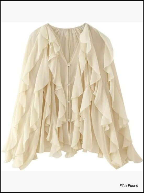Tops - Ruffled Multi-Layered Semi Sheer V-Neck Blouse Long Sleeve Button Down Chiffon